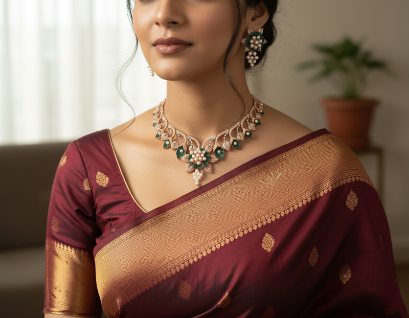 Pearl petals emerald green necklace set