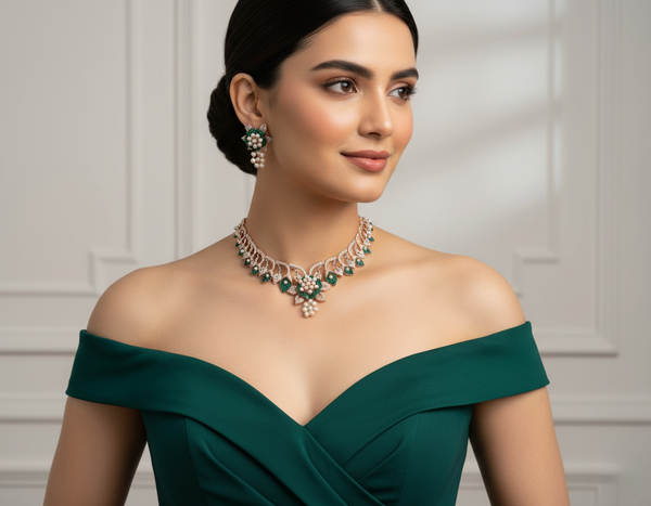 Pearl petals emerald green necklace set