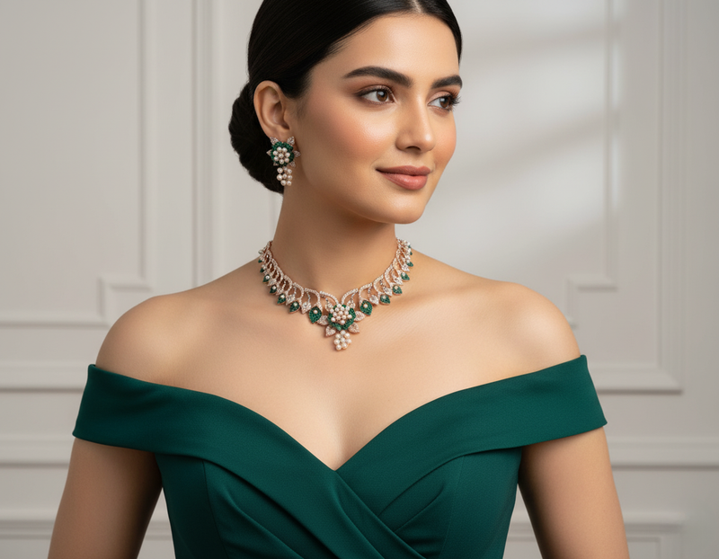 Pearl petals emerald green necklace set