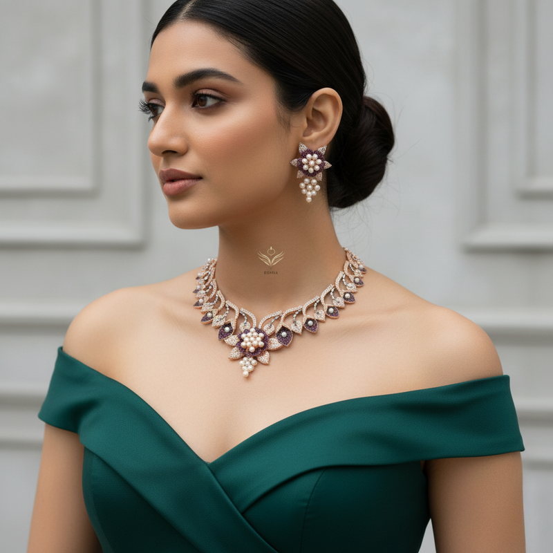 Pearl petals magenta necklace set