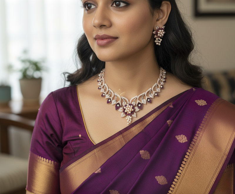 Pearl petals magenta necklace set
