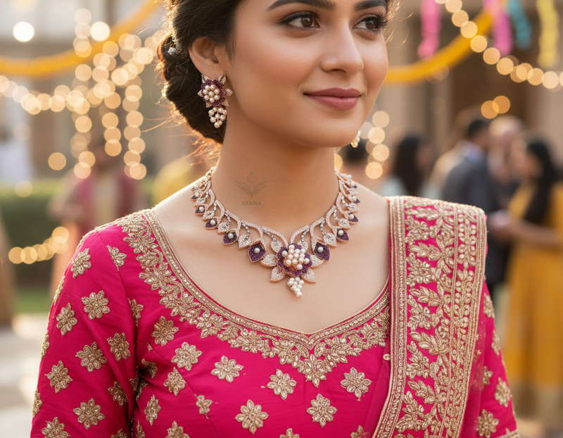 Pearl petals magenta necklace set
