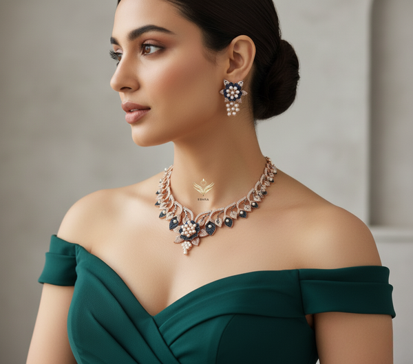 Pearl petals sapphire necklace set