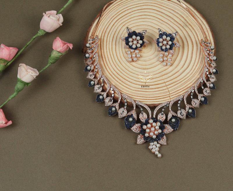 Pearl petals sapphire necklace set