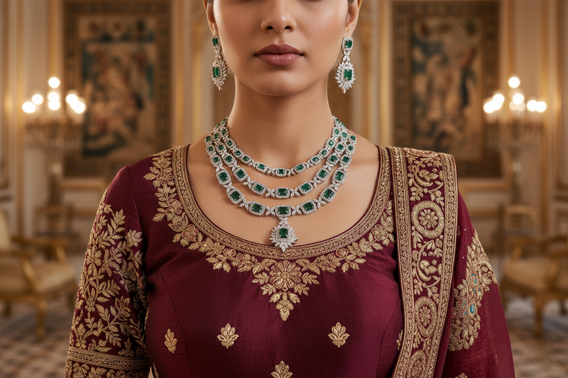 Stellar Shimmer Emerald Green Triple Layer Necklace Set