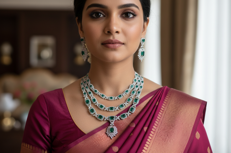Stellar Shimmer Emerald Green Triple Layer Necklace Set