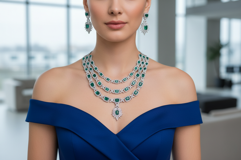 Stellar Shimmer Emerald Green Triple Layer Necklace Set