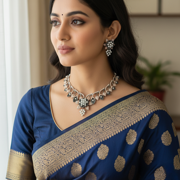 pearl petals black necklace set
